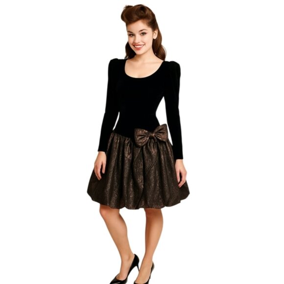 Rimini Black Vintage Velvet and Metallic Bubble Skirt Dress - Picture 1 of 16